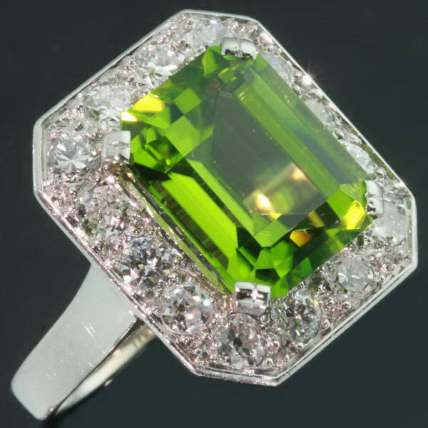 Magnificent platinum Art Deco engagement ring with big peridot and brilliants (image 2 of 10)