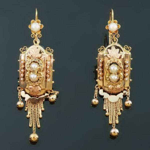 Victorian earrings pink gold with tassles and half seed pearls