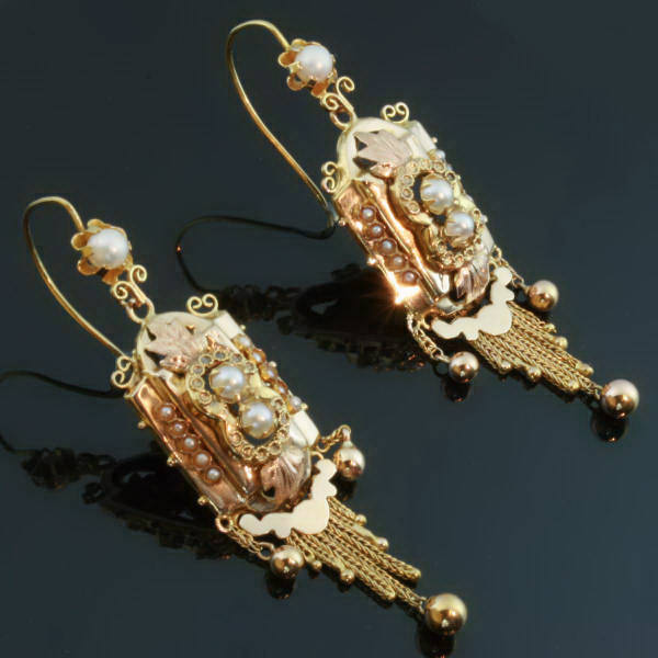 Victorian earrings pink gold with tassles and half seed pearls