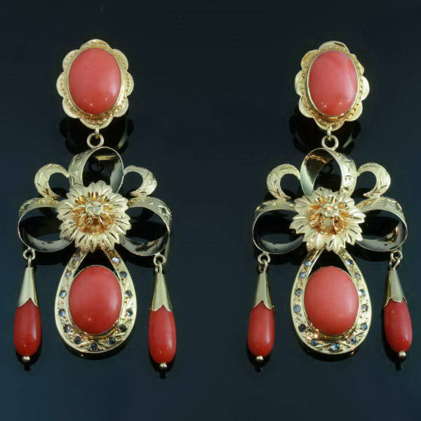 Antique style long pendent earrings with corals