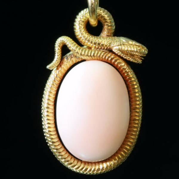 Magnificent gold Neo-Egyptian Victorian snake pendant, serpent, angel skin coral