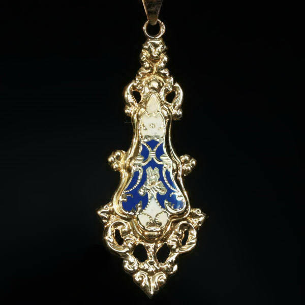 Victorian long gold pendant with white and blue enamel