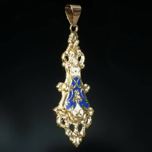 Victorian long gold pendant with white and blue enamel