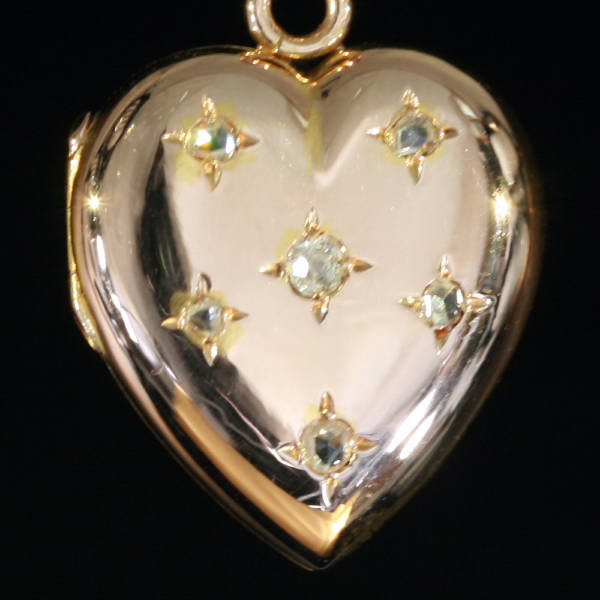 Pink gold Victorian heart locket pendant with old mine cut and rose cut diamonds