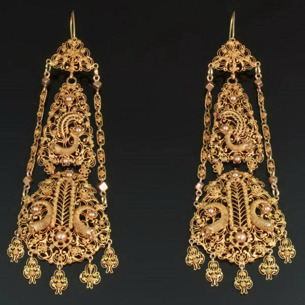 Gold Filigree Earrings Long Dangle Hematite Vintage Gold Style Antique Gold Plat 