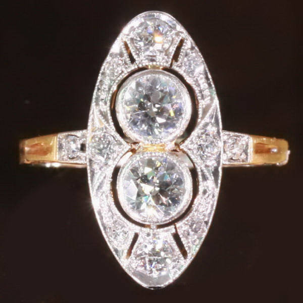 Navette shaped platinum on gold estate diamond engagement ring