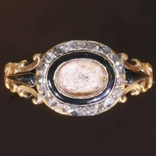 English Victorian memorial mourning ring with rose cut diamonds and engravement
