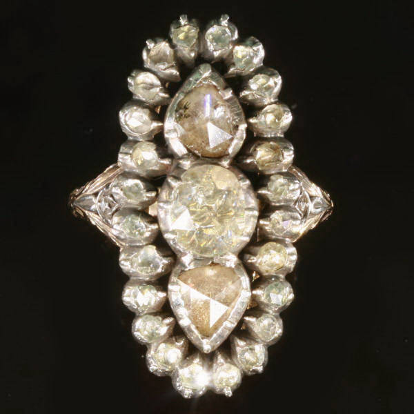 Big Victorian foil set rose cut diamonds ring, silver on gold