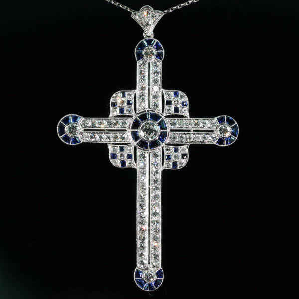 Art Deco sapphire diamond cross pendant, large