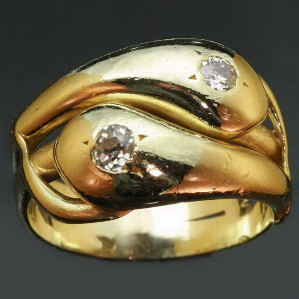 Antique double serpent ring with old mine cut diamonds