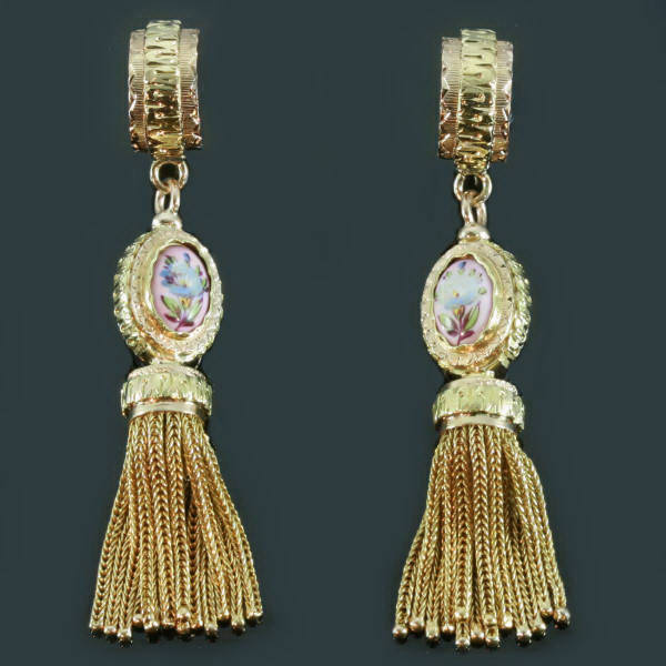 Antique Victorian flower enamel dangle earrings 18kt gold