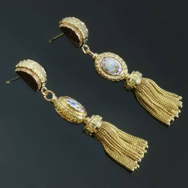 Antique Victorian flower enamel dangle earrings 18kt gold