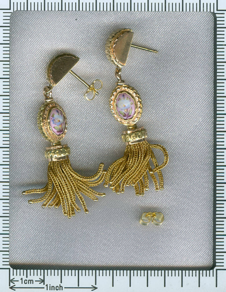 Antique Victorian flower enamel dangle earrings 18kt gold