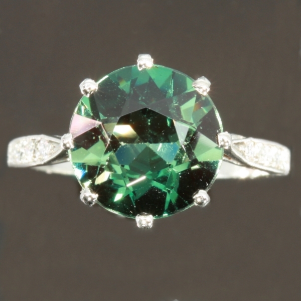 Green stone estate engagement ring platinum shank
