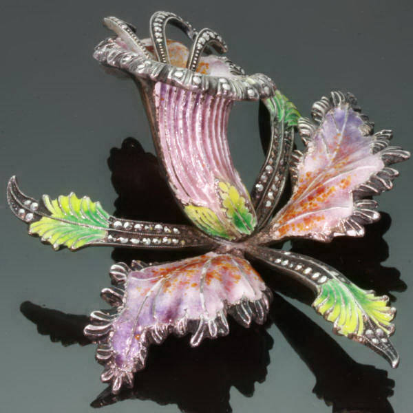 Huge silver Art Nouveau enameled iris brooch with marcasite (image 2 of 7)