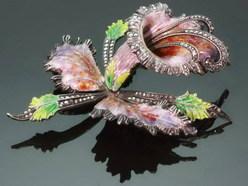 Huge silver Art Nouveau enameled iris brooch with marcasite (image 4 of 7)