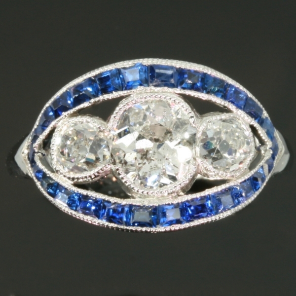 Art Deco three stone diamond engagement ring sapphire