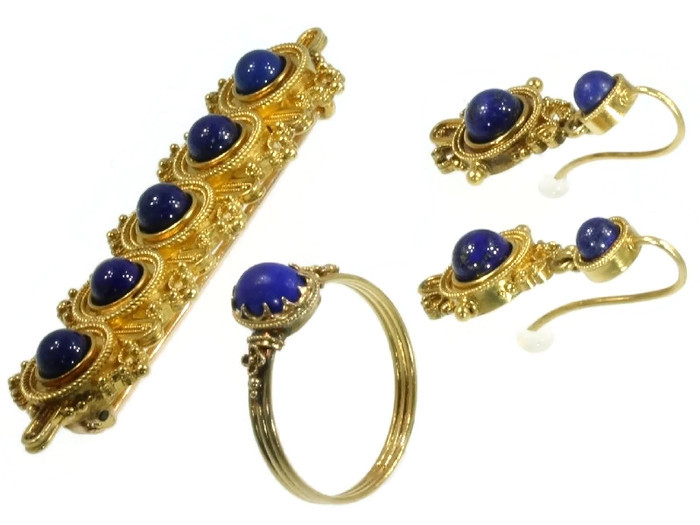 Neo-etruscan revival parure ring brooch earrings filigree granules ...
