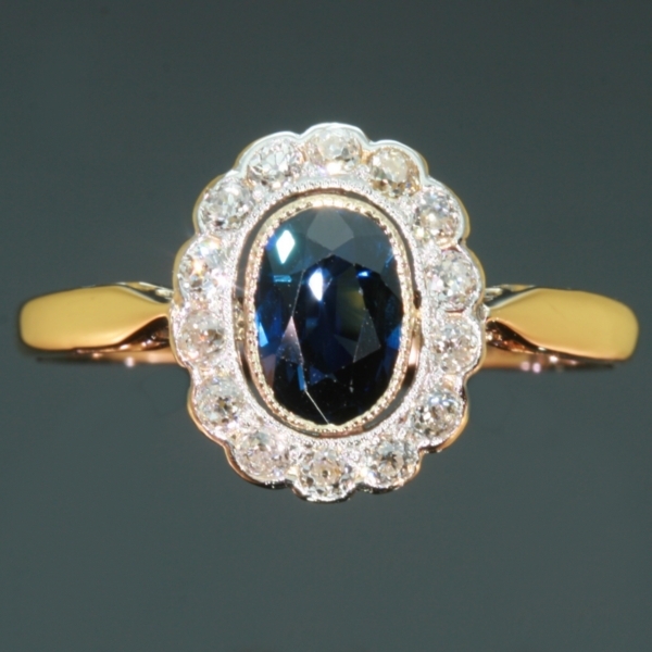 Antique sapphire diamond engagement ring 18K yellow gold shank