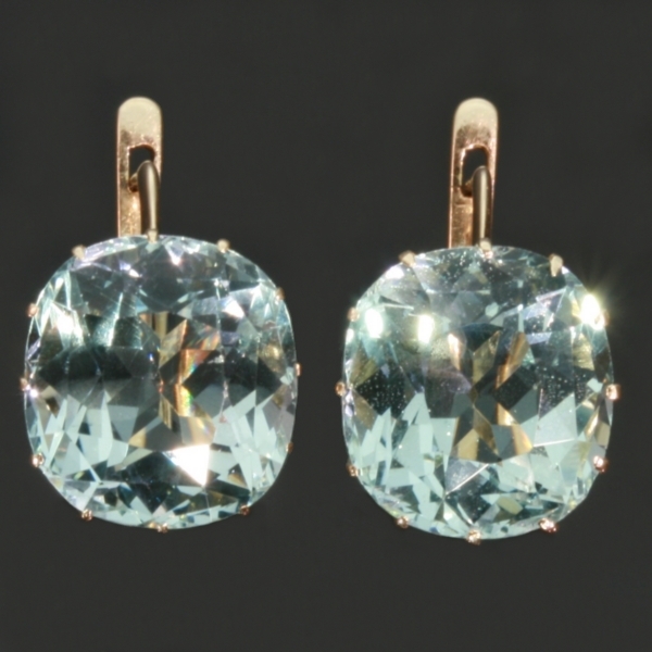 Antique Russian earrings with 11 carats of big untreated aquamarines