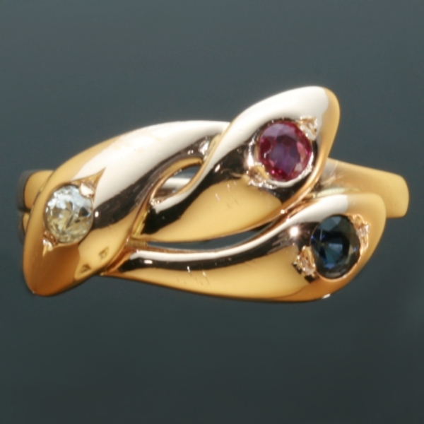 Victorian three headed snake serpent ring with ruby sapphire and brilliant