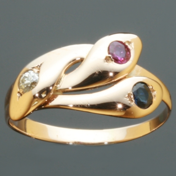 Victorian three headed snake serpent ring with ruby sapphire and brilliant (image 2 of 10)