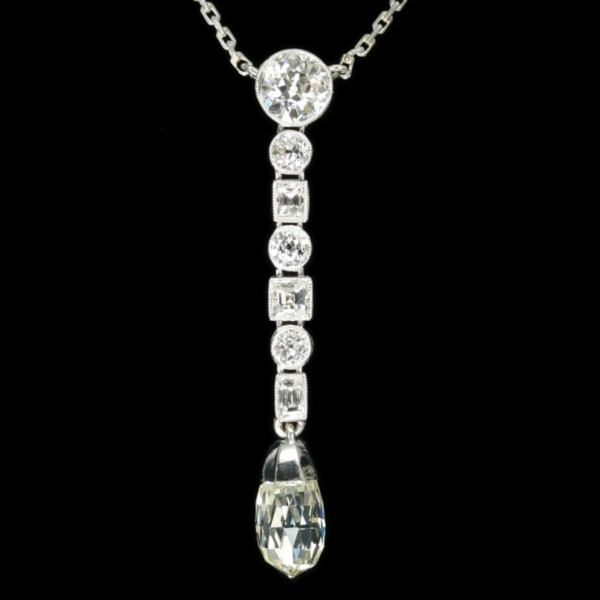 Platinum Art Deco diamond pendant necklace with big briolette cut ...