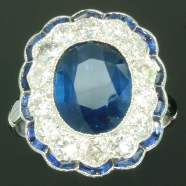 Art Deco sapphire engagement ring old European cut diamonds cluster setting platinum