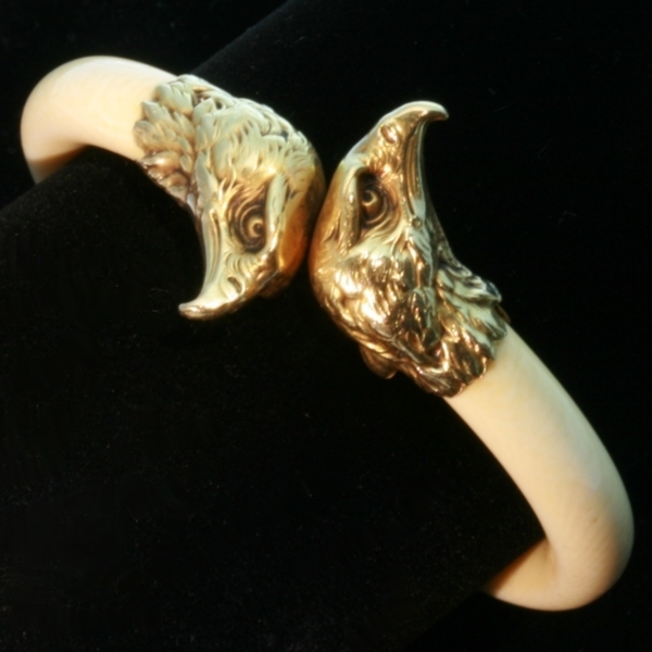 French Late Victorian antique ivory bangle with gold eagle head