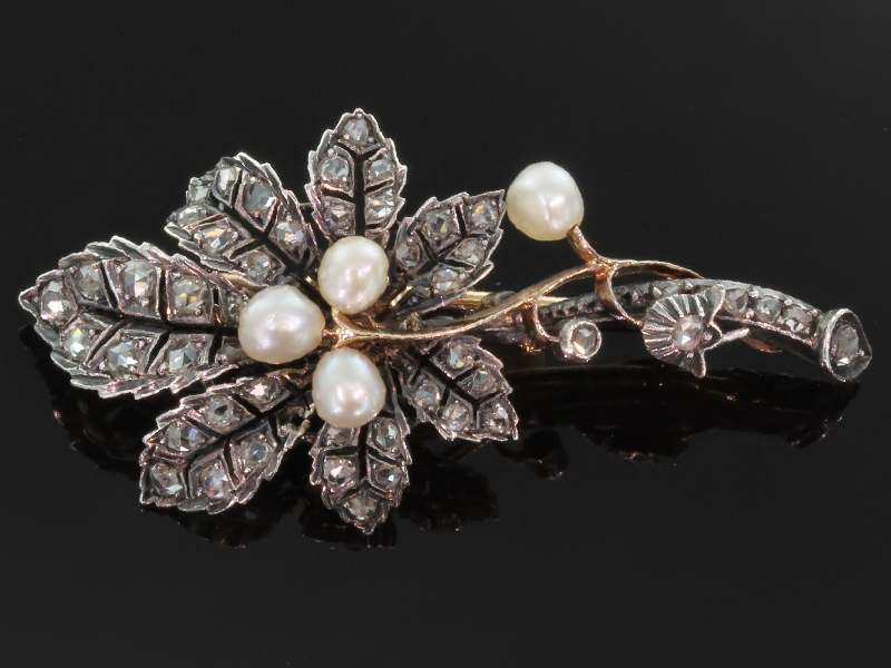 French Victorian branch and leaf brooch with rose cut diamonds and pearls