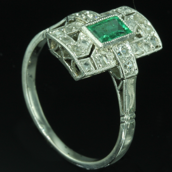Estate platinum Art Deco engagement ring with diamonds and emerald ...
