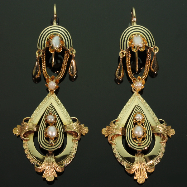 Victorian antique long pendant earrings with pearls and enamel - has ...