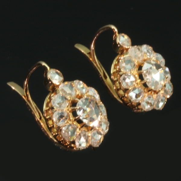 Late Victorian antique gold earrings with cluster of rose cut diamonds ...