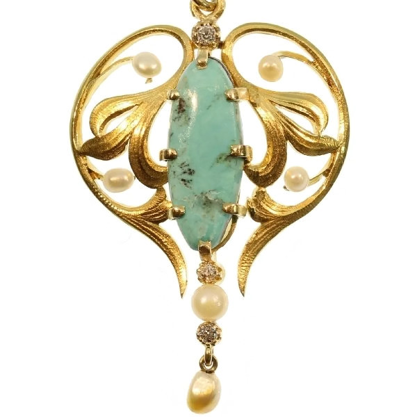 Gold Art Nouveau pendant with diamonds pearl and turquoise: Description ...