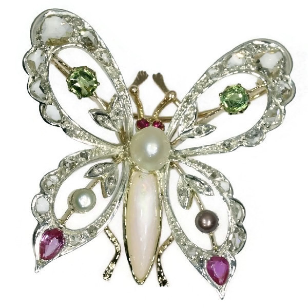 Vintage bejeweled butterfly brooch: Description by Adin Antique Jewelry.