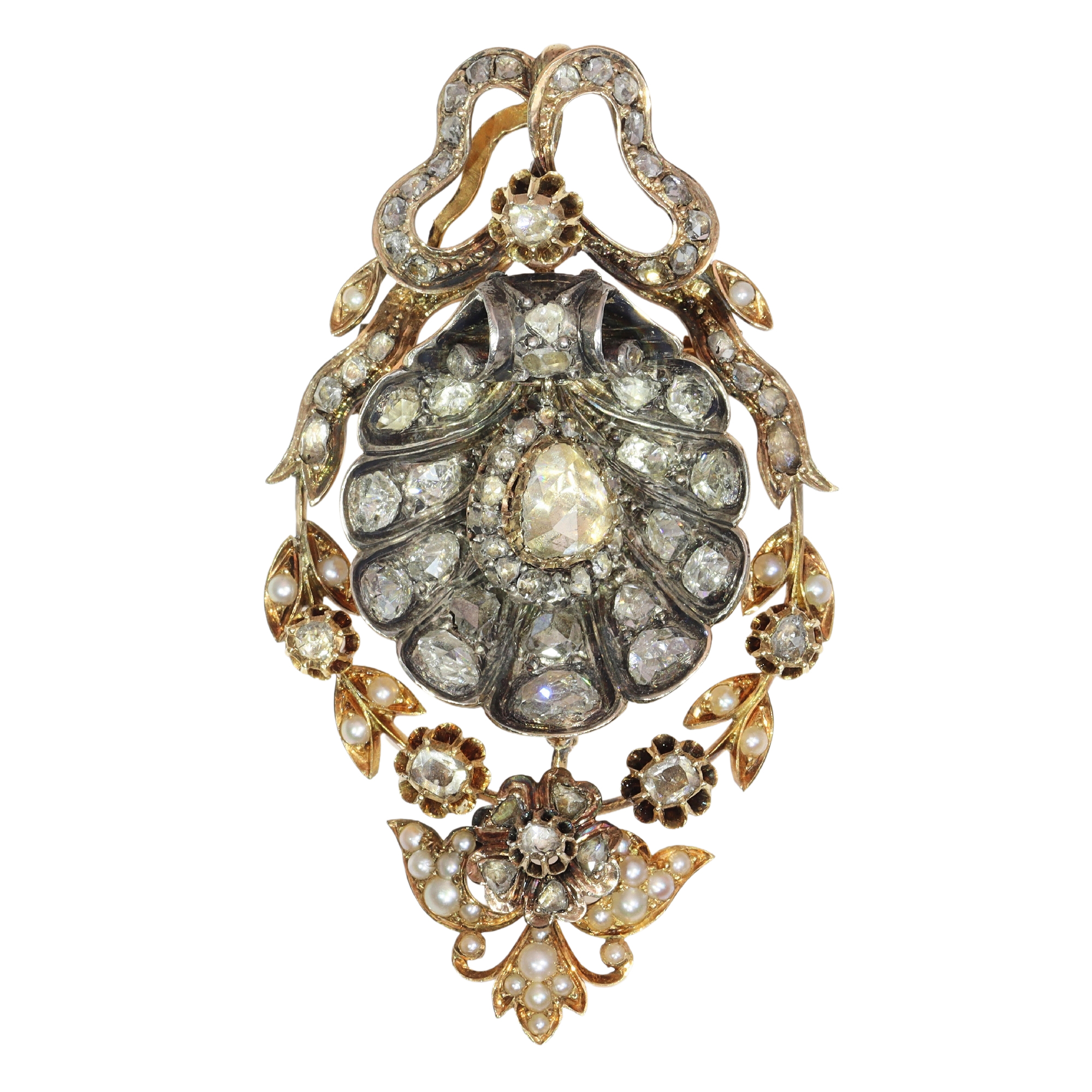 Artistry of Antiquity: Victorian Pearled Diamond Brooch Pendant