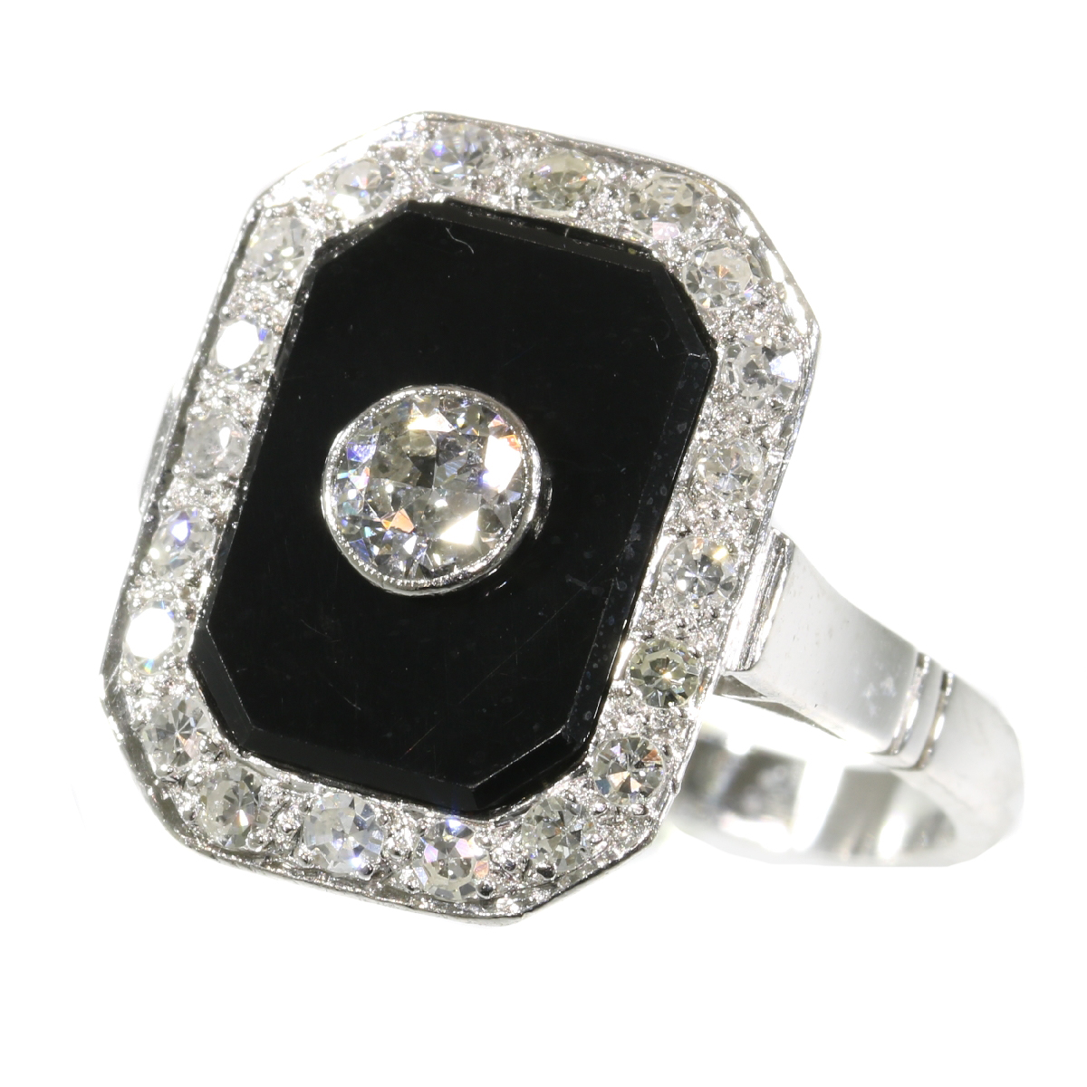 Vintage Platinum Art Deco Style Diamond And Onyx Ring From The Fifties Description By Adin Antique Jewelry