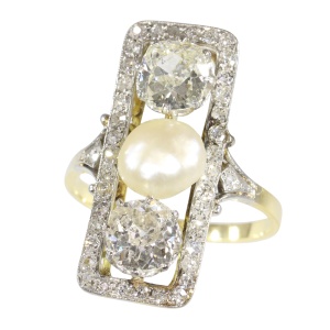 Belle Époque to Art Deco Diamond and Pearl Engagement Ring, circa 1920