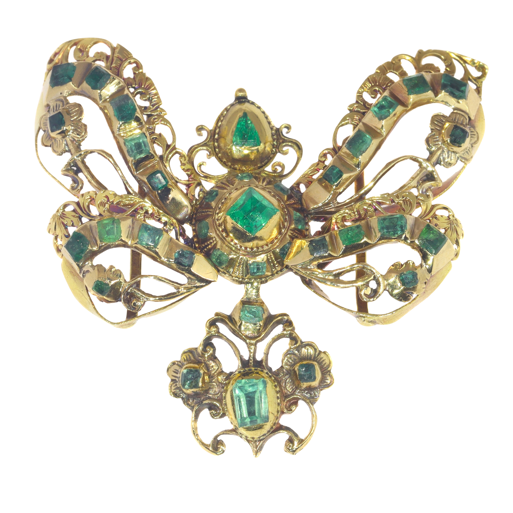 Museum-Exhibited Emerald Bow Pendant, Circa 1650 – Baroque Elegance in Gold