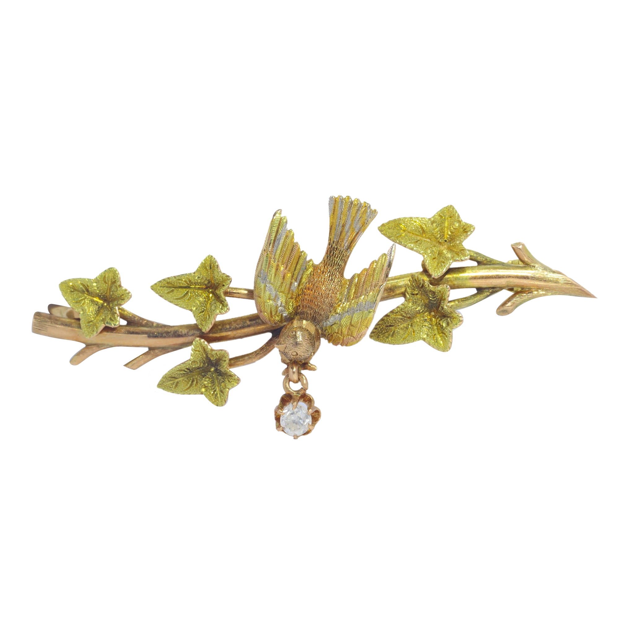 Bird Flower Brooch, Vintage Gold Bird on Flower Branch Brooch With