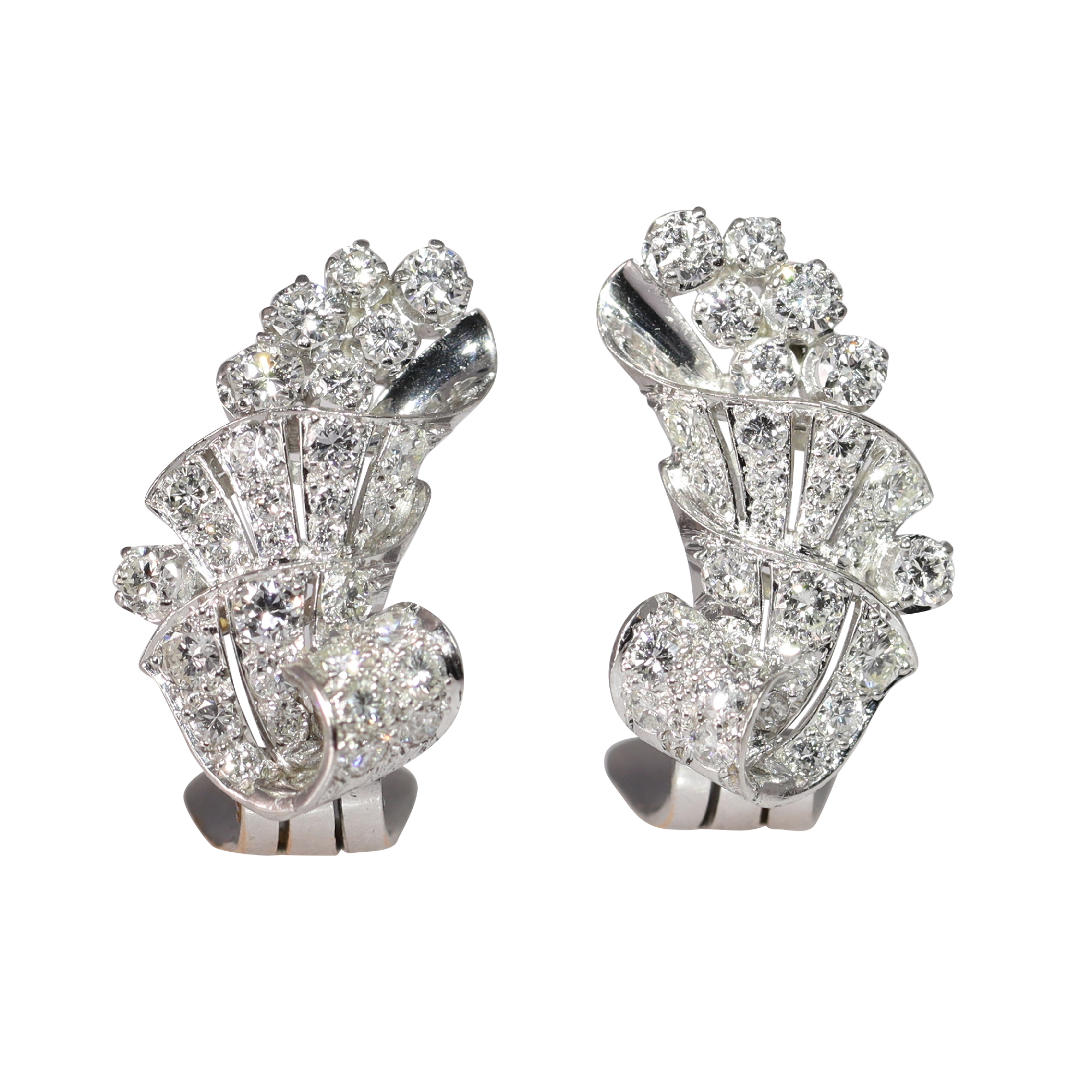 Elegant 1950s Platinum Diamond Earclips with Art Deco Flair