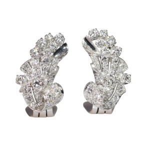 Elegant 1950s Platinum Diamond Earclips with Art Deco Flair