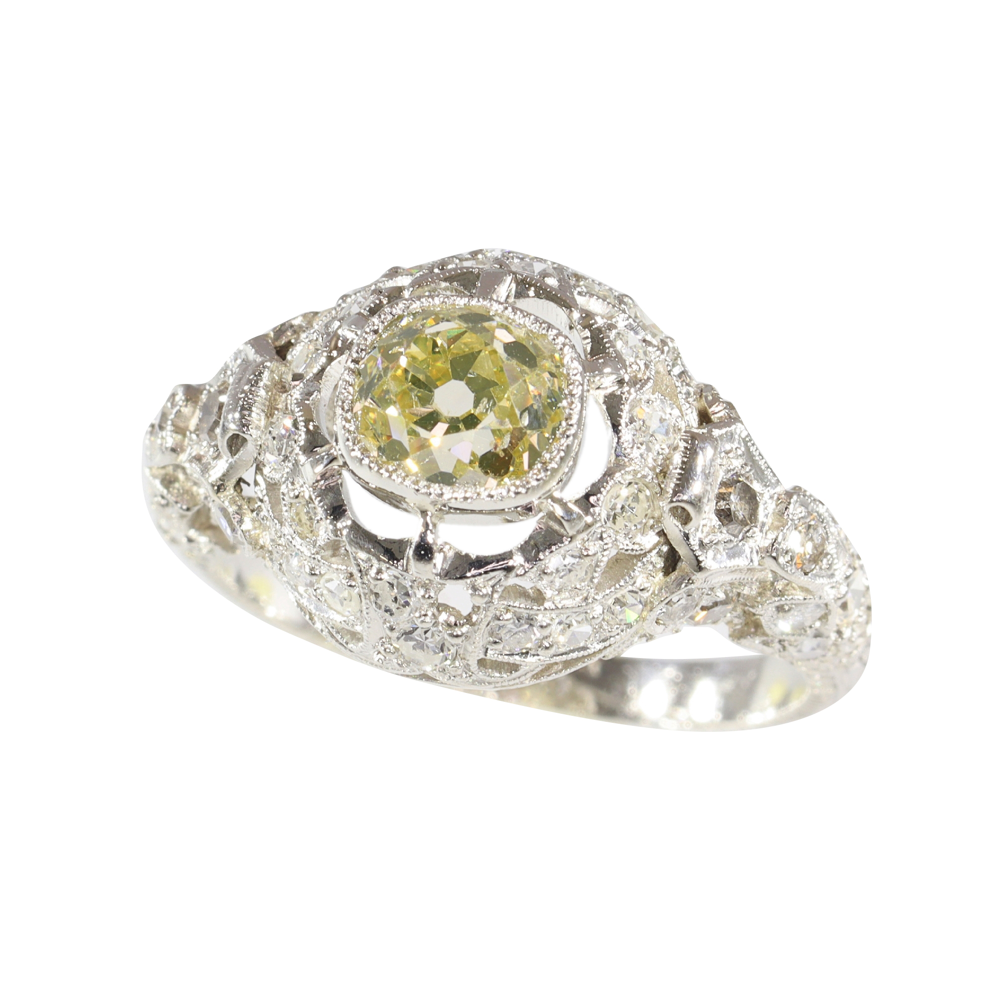Edwardian Platinum Ring with Fancy Yellow Diamond – A Lacy Echo of 1920s Elegance