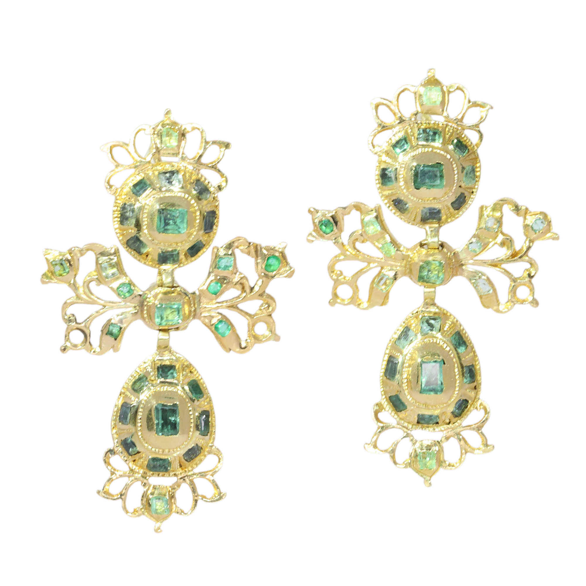 Baroque Iberian Emerald Earrings, 18th Century Goldwork with 58 Emeralds