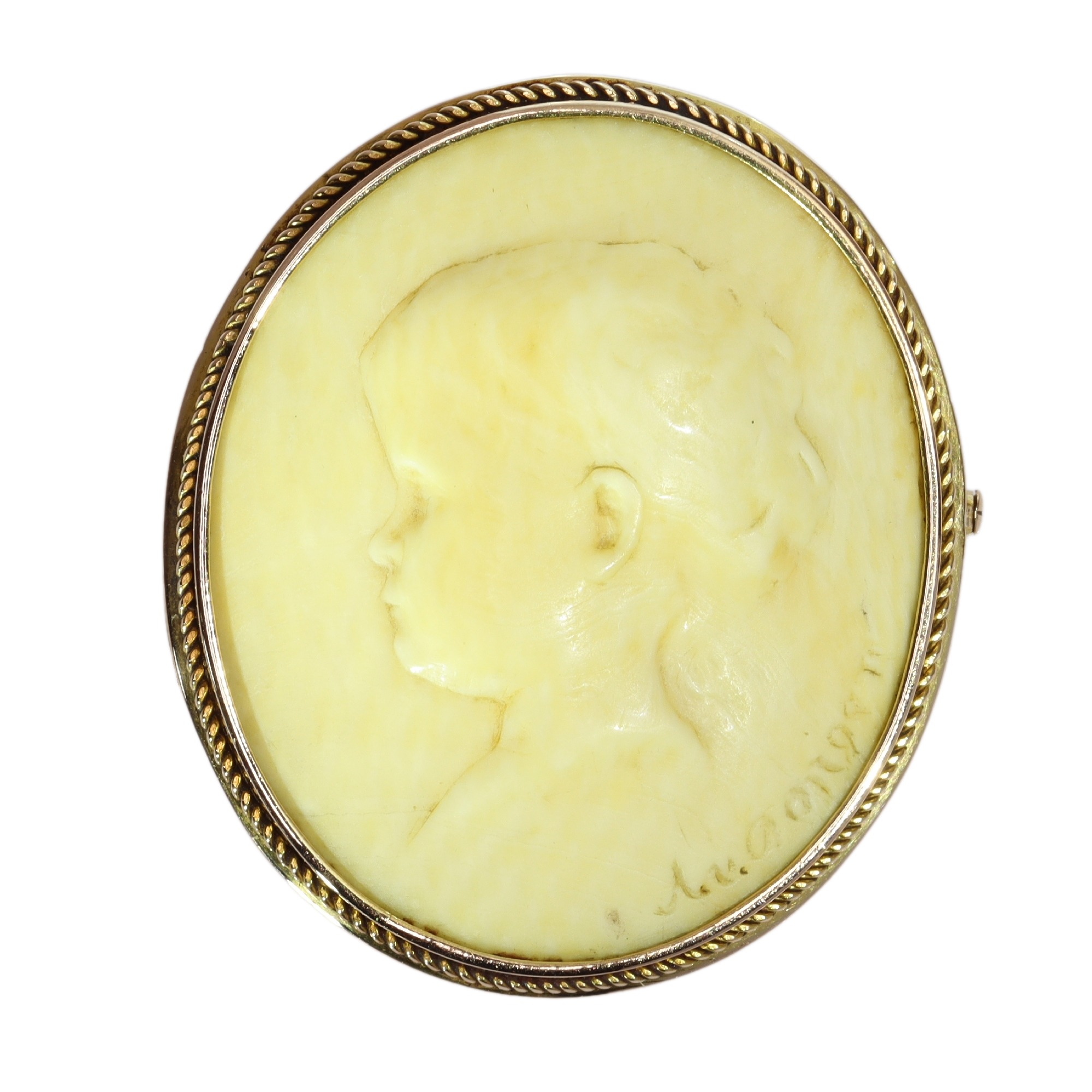 Ivory Portrait Cameo Brooch Signed A. v. Dongen in Gold, c.1900