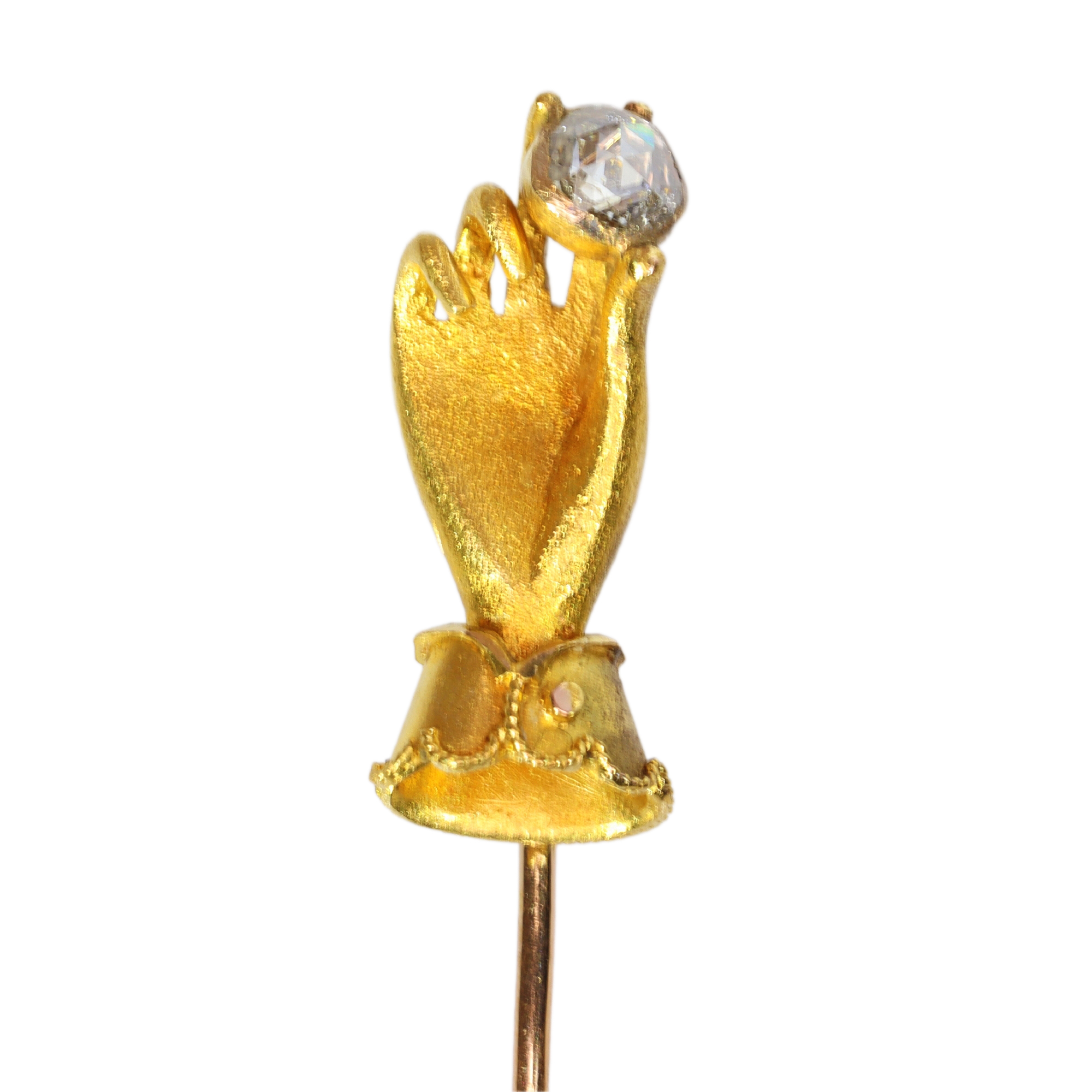 Romantic Victorian Gold Stickpin with Sculpted Hand Holding a Rose Cut Diamond