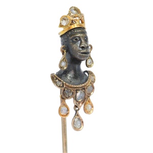 Crowned Victorian Blackamoor Stickpin Set with Rose Cut Diamonds, c.1870