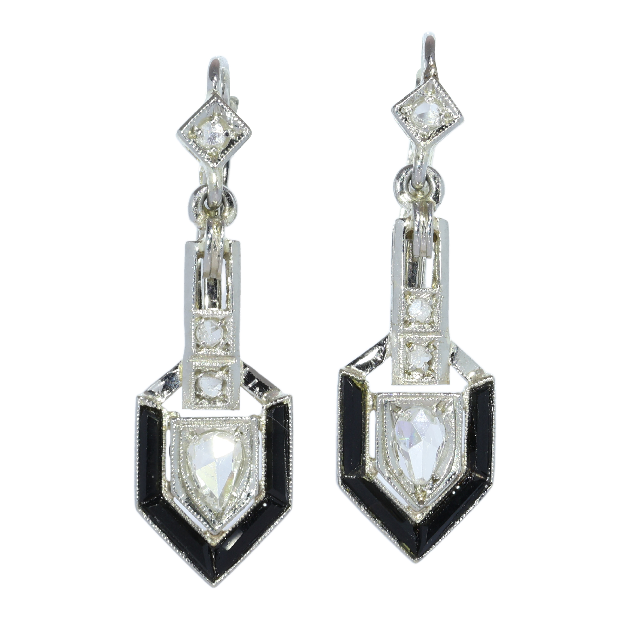Art Deco Diamond and Onyx Earrings with Pear Shaped Diamond Drops