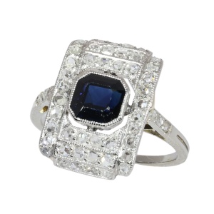 Circa 1930 Art Deco sapphire ring framed by fifty rose cut diamonds