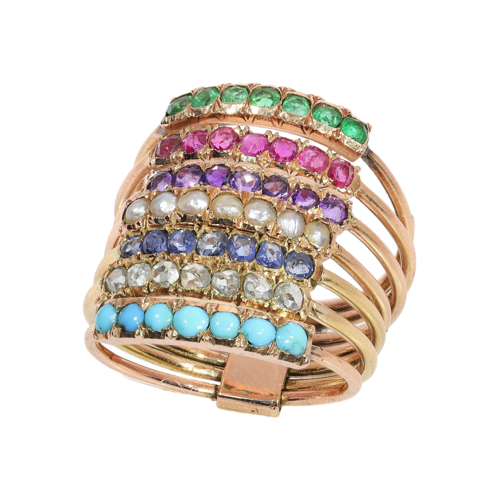 Victorian Harem Ring with Seven Gemstone Bands, circa 1890